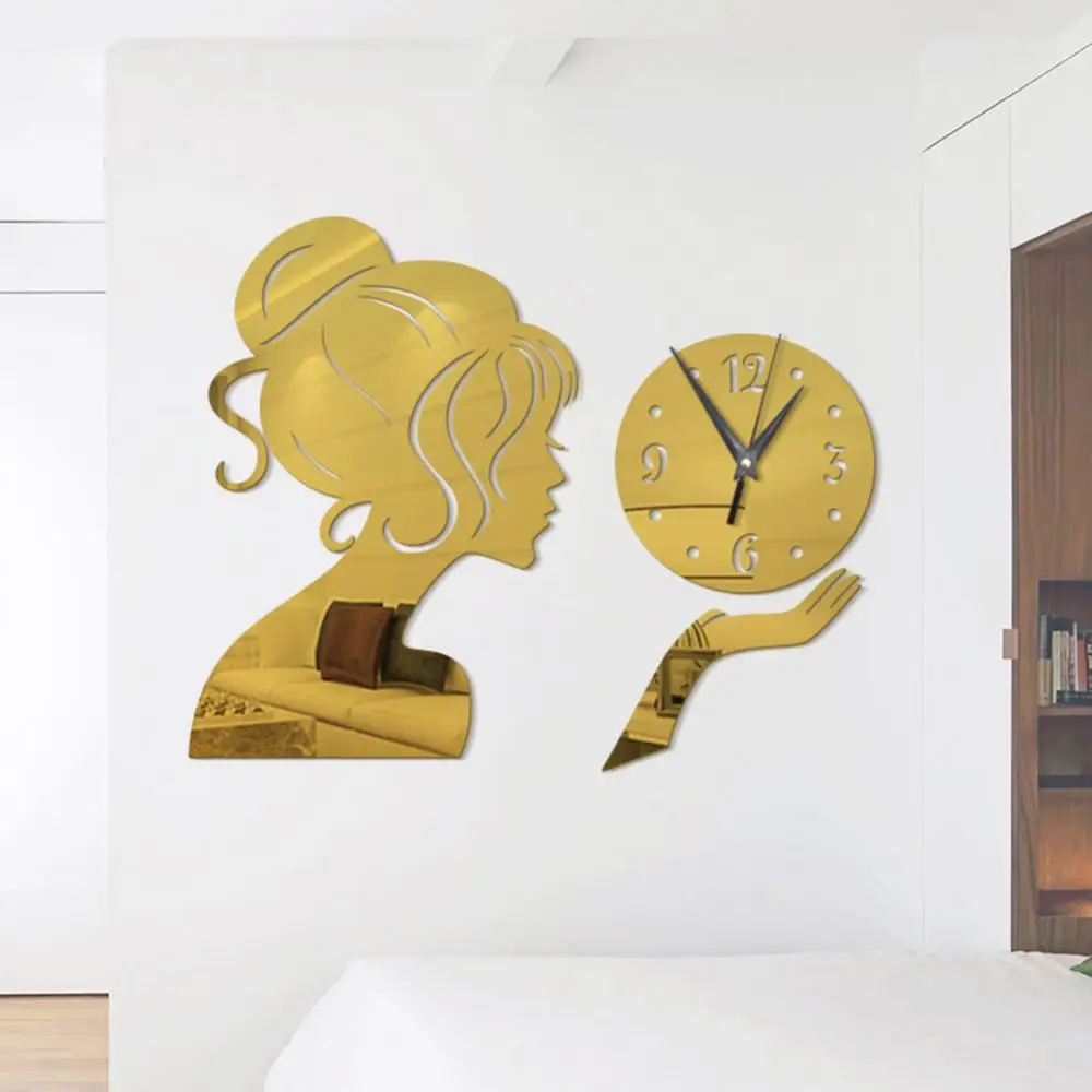 Wall Clock Girl Mirror Sticker Acrylic Waterproof Decal Home Living Room Decor