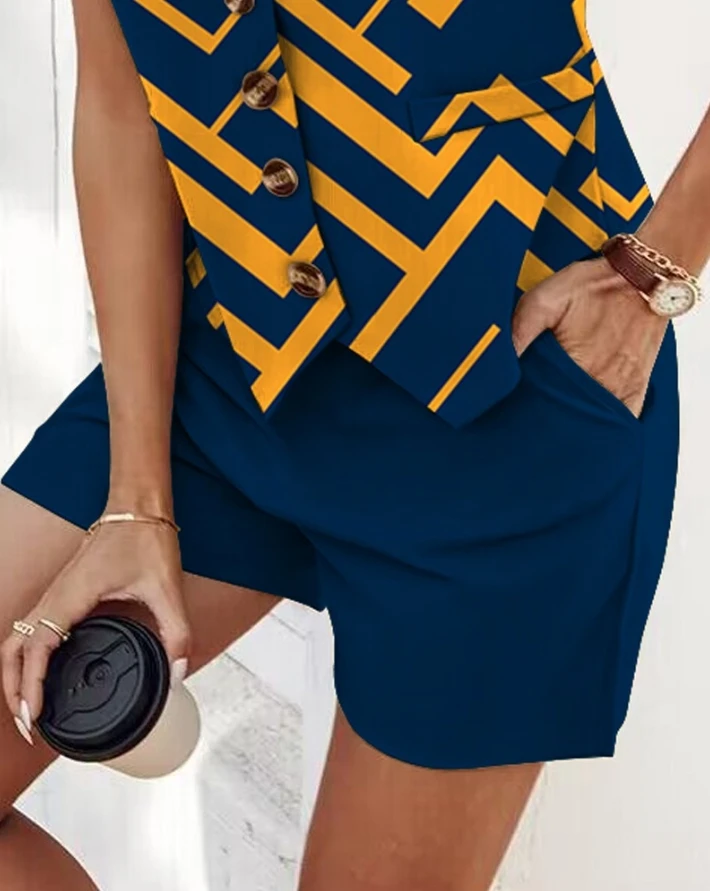 Women's Geometric Printed Vest Top and Pocket Design Shorts Set Sleeveless Short Vest Contrasting Color Set