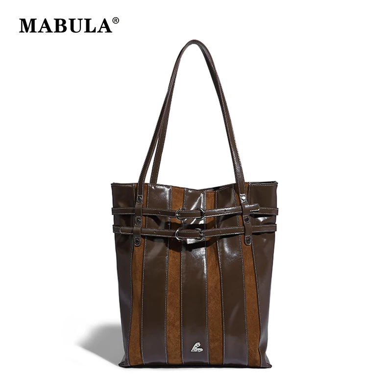 

MABULA Belt Design Square Shoulder Bag for Women Vintage Striped Vegant Leather Casual Tote Handbag Unique Brand Shopper Purse