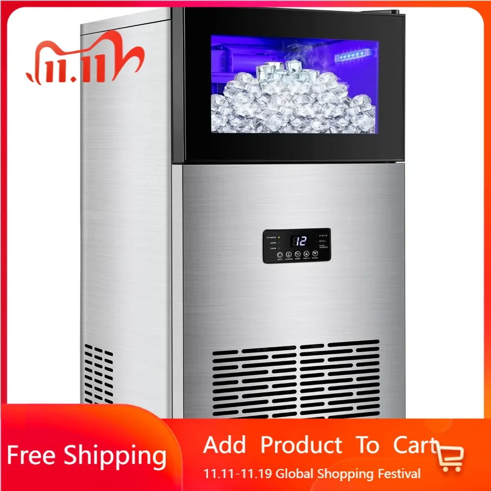 Commercial Ice Maker Machine 130LBS/24H， Equipped with a 35 pound storage box, suitable for outdoor use in home bars