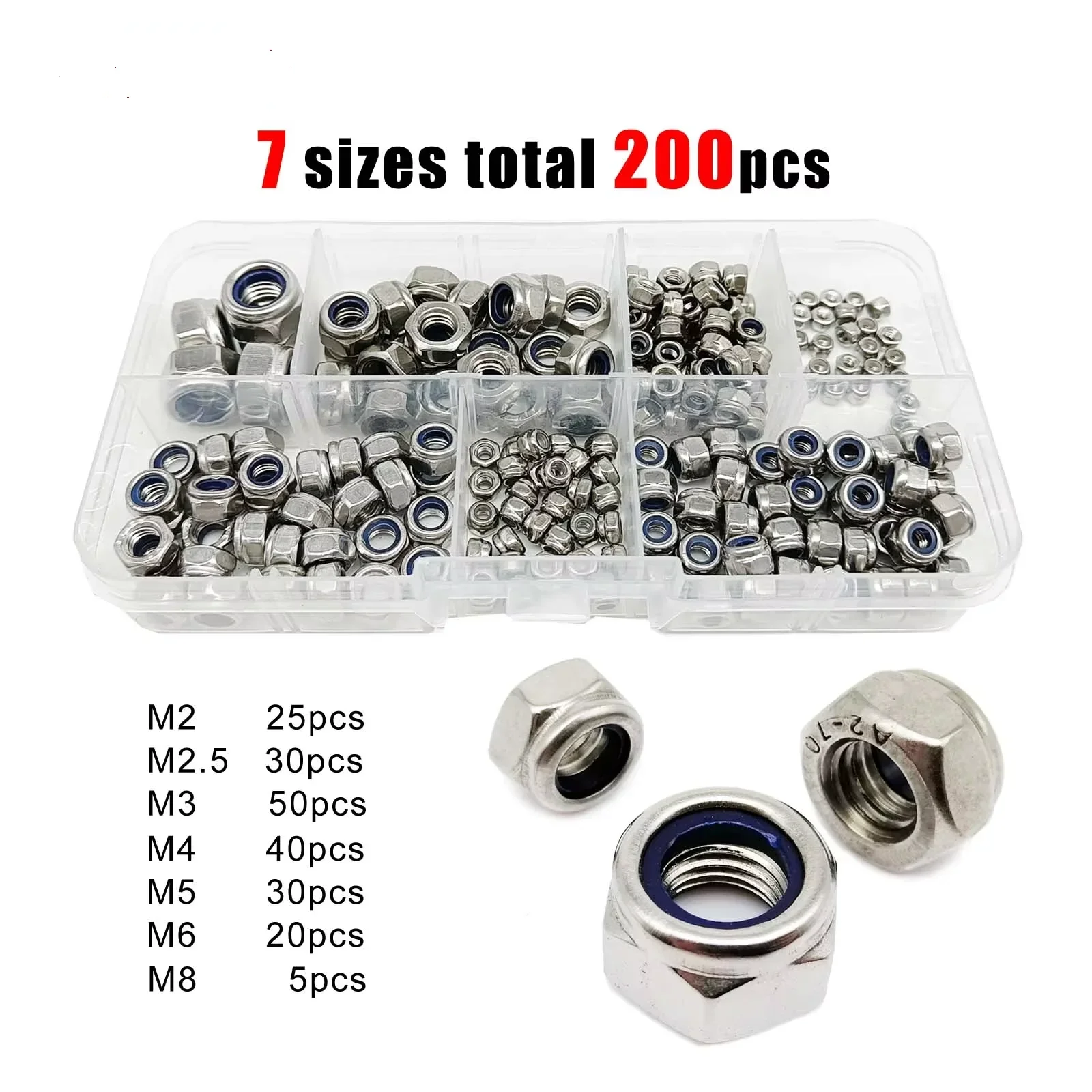 200pcs DIN985 Hex Nylon Insert Self Lock Nut Nylock Locknut Assortment Kit Set M2 M2.5 M3 M4 M5 M6 M8 304 A2-70 Stainless 2030