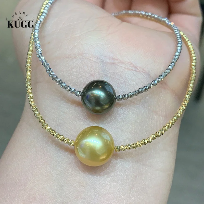 KUGG PEARL 18K Solid Yellow Gold Necklace Fashion Natural South Sea Gold Pearl Pendant Natural Tahiti Black Pearl for Lady