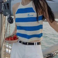 

Женский летний топ без рукавов, голубой топ в полоску с подвесным воротником и открытой спиной, 2024