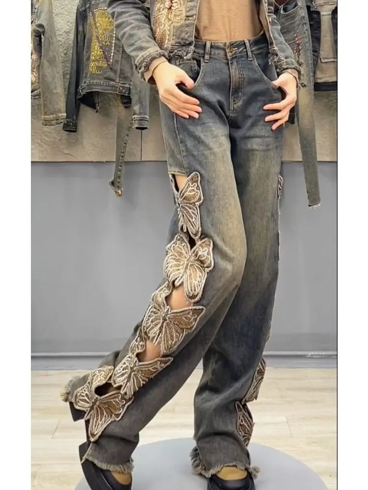 

Women's High Waist Embroidered Butterfly Hollow Denim Straight Trousers, Street Fashion, Spring, Summer, New, Y2K, 2023