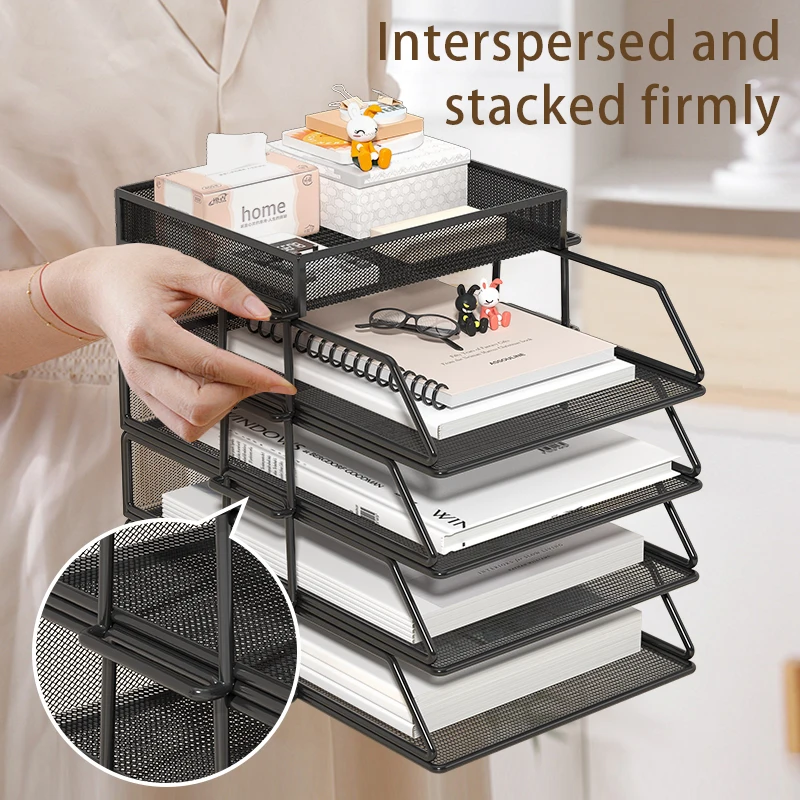 Laminated stackable tray desk organizer and desk holder for paper letter accessories Black, suitable for office and home school 3