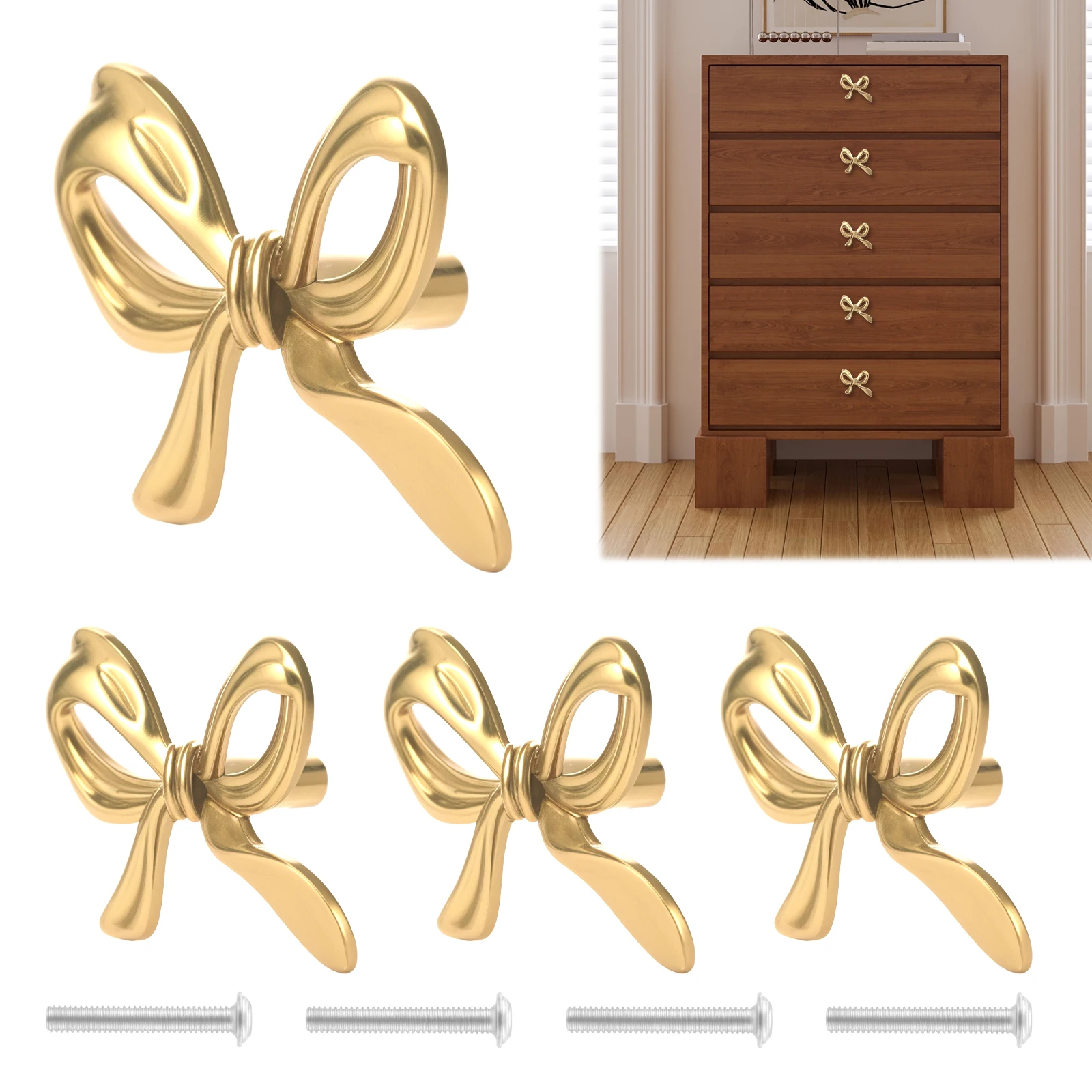 มือจับลิ้นชักรูปโบว์ 2/4/6 ชิ้น สีทองเหลืองทอง มือจับตู้ครัว มือจับตู้เสื้อผ้า มือจับลิ้นชักเฟอร์นิเจอร์ อุปกรณ์ฮาร์ดแวร์ 1