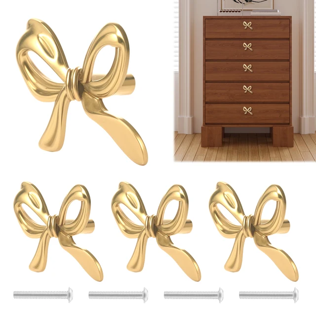 มือจับลิ้นชักรูปโบว์ 2/4/6 ชิ้น สีทองเหลืองทอง มือจับตู้ครัว มือจับตู้เสื้อผ้า มือจับลิ้นชักเฟอร์นิเจอร์ อุปกรณ์ฮาร์ดแวร์ 1