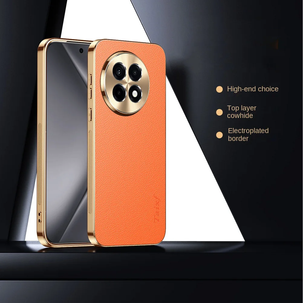 Premium Cowhide Lychee Texture Electroplated Frame Case with Lens Protection