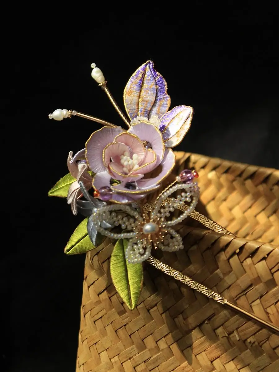 Chinese Hanfu Retro Headdress Purple Flower Butterfly Hairpin Antique Hanfu Accessories Handmade Tassels Accessories Hairpin