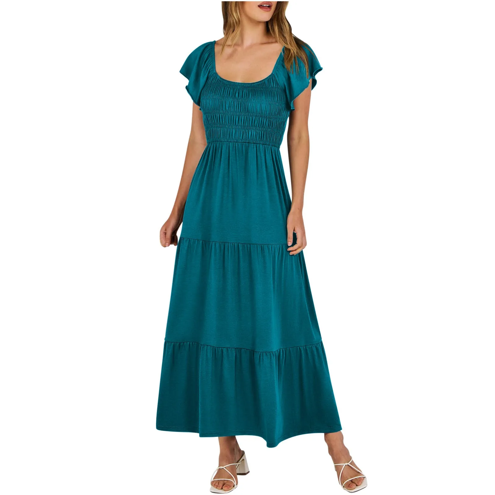 

Women'S Summer Dress Regular Short Sleeve Square Neck Smocked Elastic Waist Tiered Dress Casual A Line Maxi Dress With Pockets