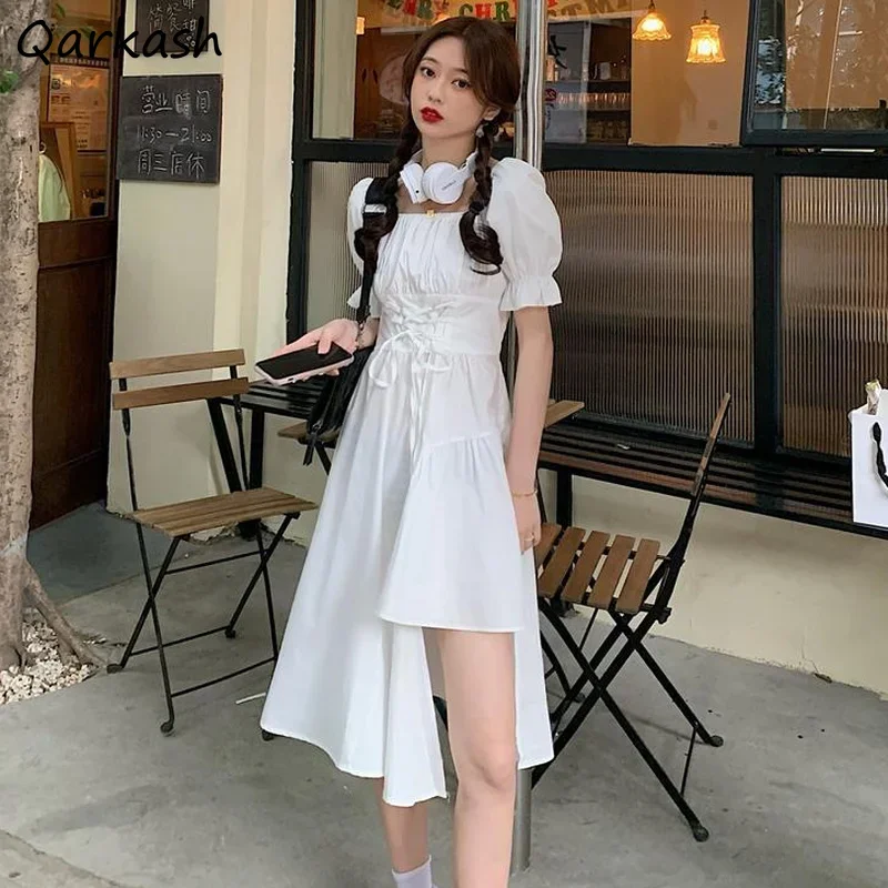 

Solid Dresses Women New Asymmetrical Design Ruffles Sleeve Square Collar Mid-calf Dress Fashion Chic Elegant Ladies Streetwear