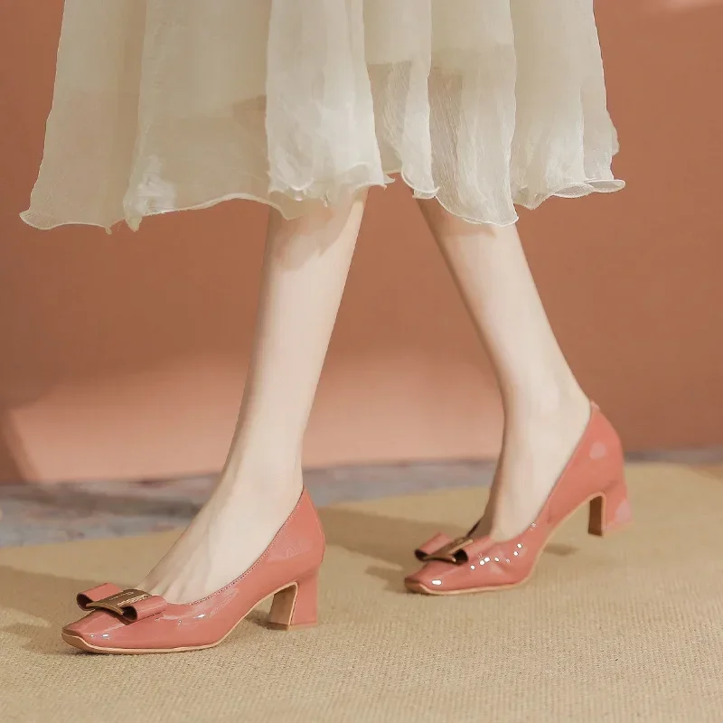 HOT Plus Size 40 HOT Women Shoes Square Toe 5cm Pumps Patent Leather Dress Butterfly Knot Boat Shoe Wedding Shoes Zapatos Mujerd 3