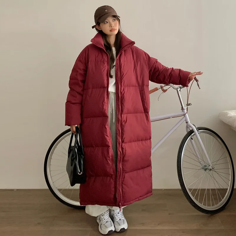 2023 New Oversize Down Cotton Coat Women Long Over Knee Length Thick Loose Bomb Casual Comfortable Overcoat Solid Color White