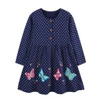 Jumping Meters 2-7T Long Sleeve Butterfly Embroidery Princess Girls Dresses Polka Dots Buttons Children's Clothes Party Frocks