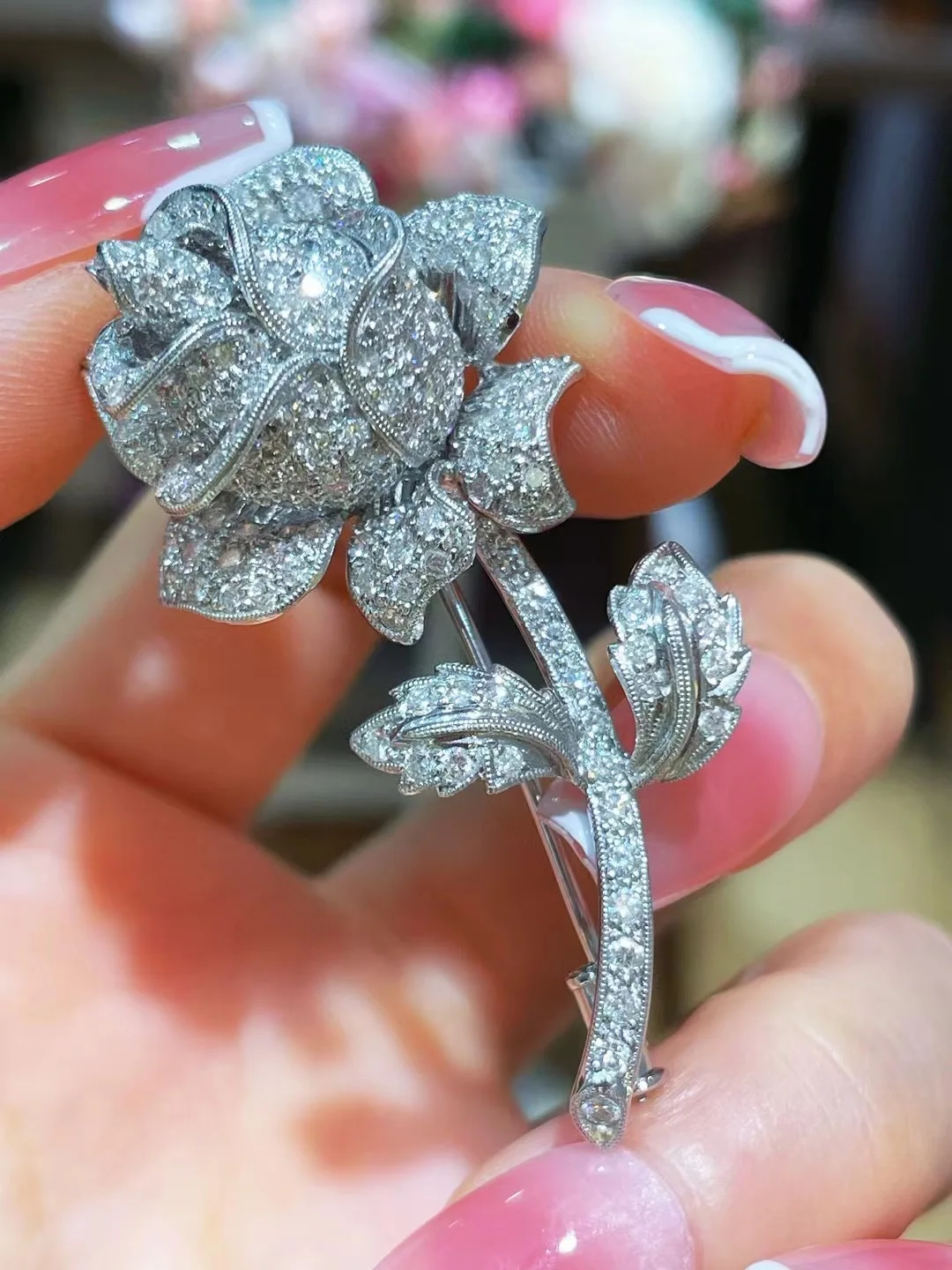 gemstone luxury jewelry natural diamond rose flower brooch 18K white gold fine women jewelry free shipping 2 gemstone luxury jewelry natural diamond rose flower brooch 18K white gold fine women jewelry free shipping - Image 2