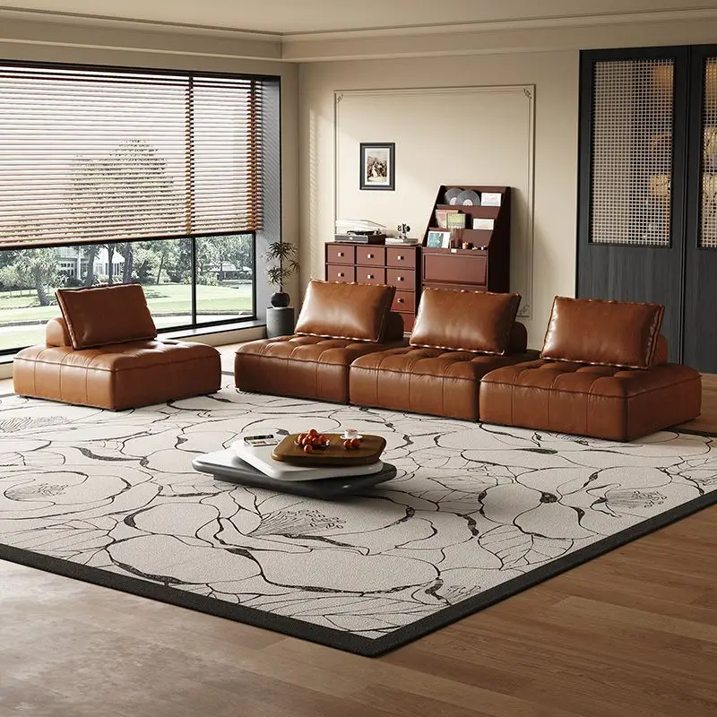 Modular Block Retro Sofa Genuine Leather Small Space Living Room Sectional Retro Tofu Sofa Genuine Leather Modular Small Space​