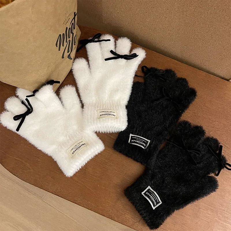 

New Y2K Warm Gloves Bow Decorate TouchScreen Knitted Chic Gloves Winter Solid Fluffy Work Gloves Kawaii Mittens for Women