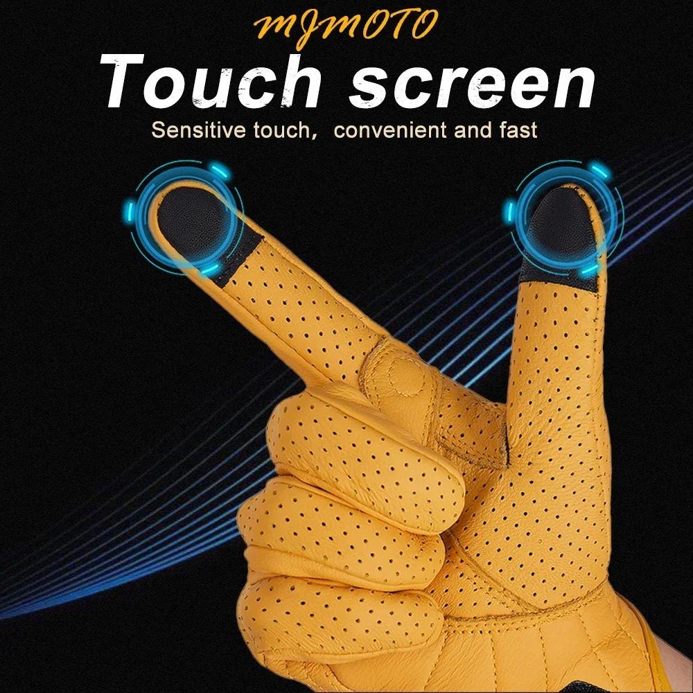 Retro Yellow Leather Motorcycle Gloves Vintage Men Motorbike Racing Gloves Touch Screen Breathable Moto Biker Motocross Gloves 4