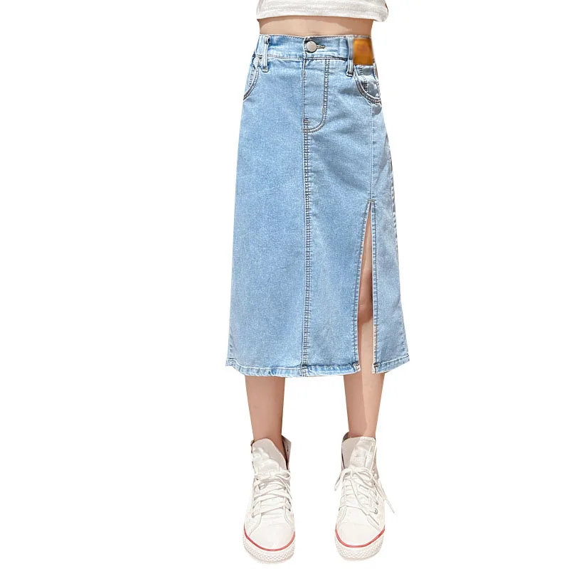 Girls\' Denim Skirt 2022 New Children\'s Skirt Summer Half Split Skirt Big Kids Bomb Street Skirt Children\'s Slim Half Skirt
