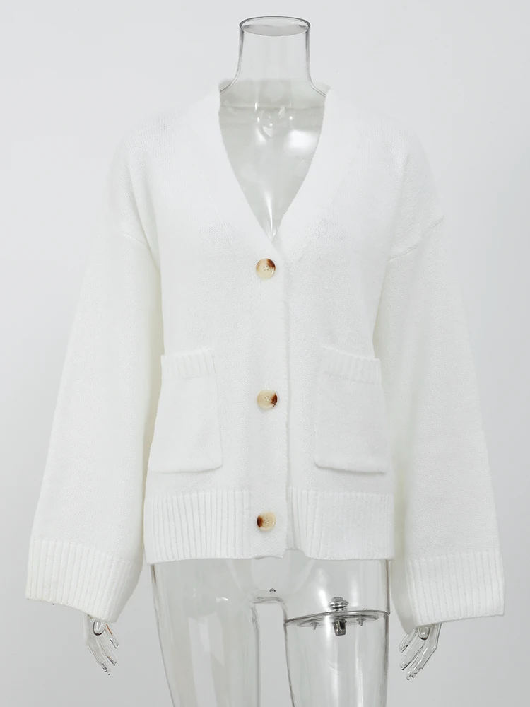 Women Classic Solid V Neck Pocket Cardigan Casual Long Sleeve Single-breasted Sweater Fall Fashion New Lady Commuting Streetwear 6