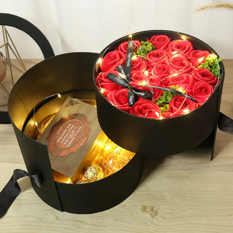 레이어 라운드 회전 꽃 버킷 더블 PVC 창 꽃 상자, 생일 발렌타인 데이, 웨딩 크리스마스 선물 포장 상자