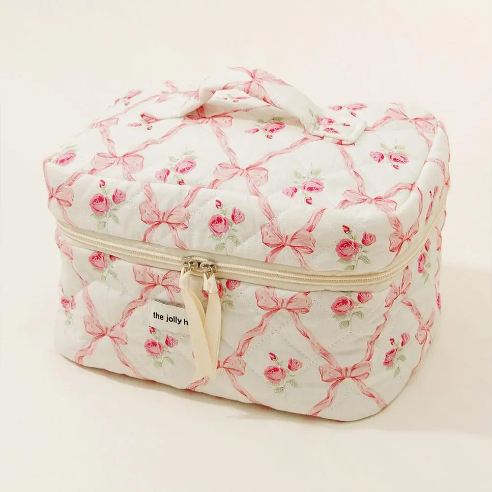 Women Cute Bow Flower Zipper Quilting Cotton Makeup Bag