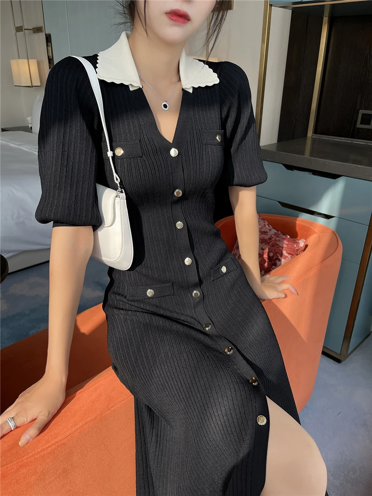 Autumn Elegant Knitted Dresses for Women Patchwork V-neck Puff Sleeve Single Breasted Midi Dress Fashion Ladies Vestidos Femme