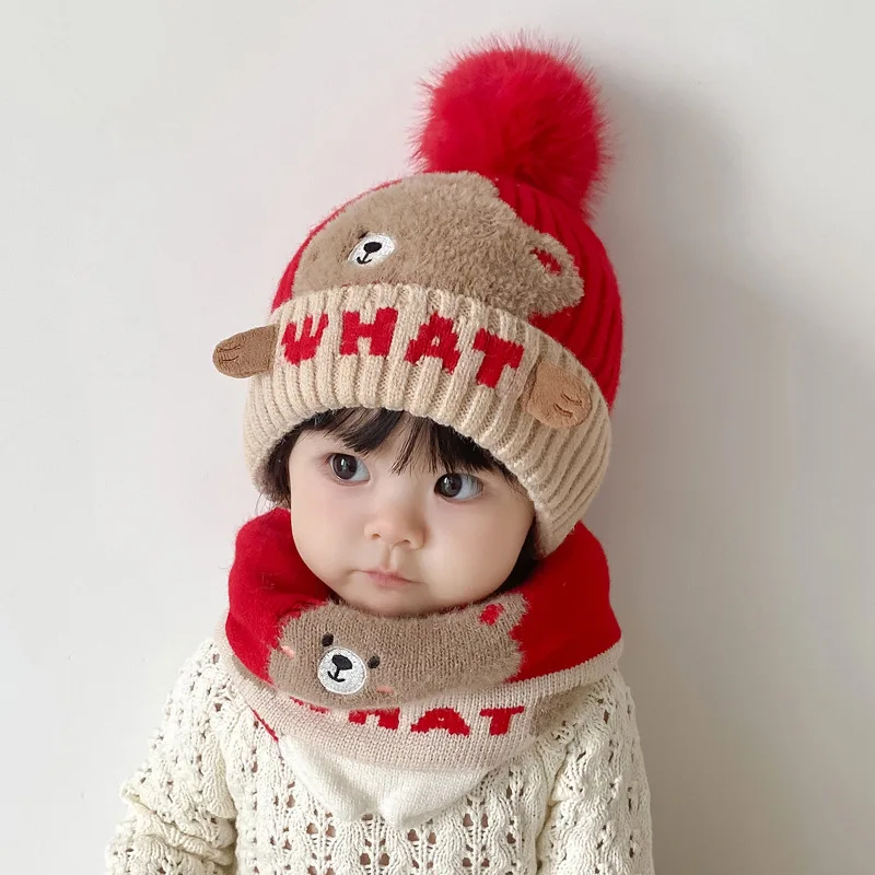 Doitbest 2 Pcs Pompom Kids Hat Scarf Set WHAT Letters Knit Warm Child Hats For Boys Girls Bonnet Beanie Winter Children Cap