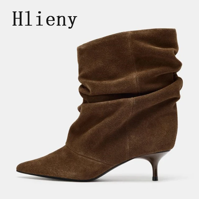 Liyke Winter Pleated Suede Women Shoes Pointed Toe Low Thin Heels Female Brown Retro Elegant Designer Ankle Boots Bottes Femme 1