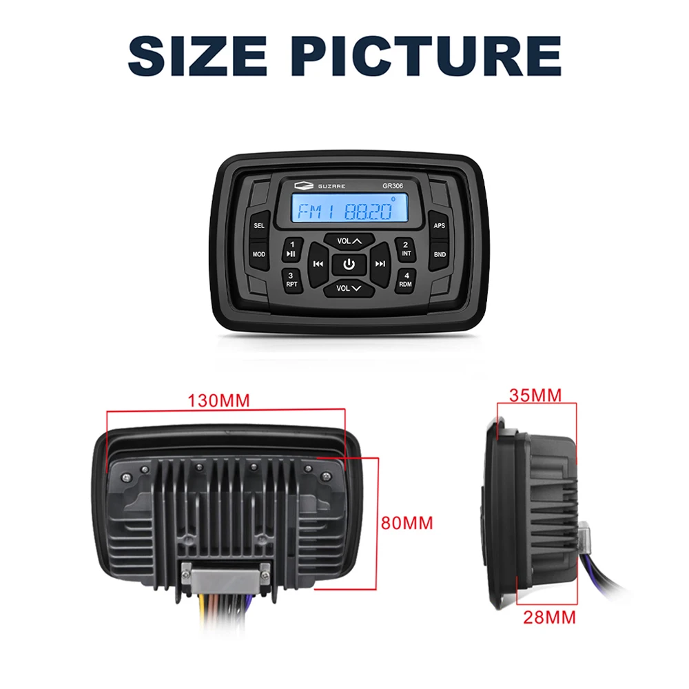 GUZARE MARINE Boat Radio Stereo Waterproof Bluetooth FM Receiver for UTV ATV RV Golf Cart Polaris Ranger Jet Ski
