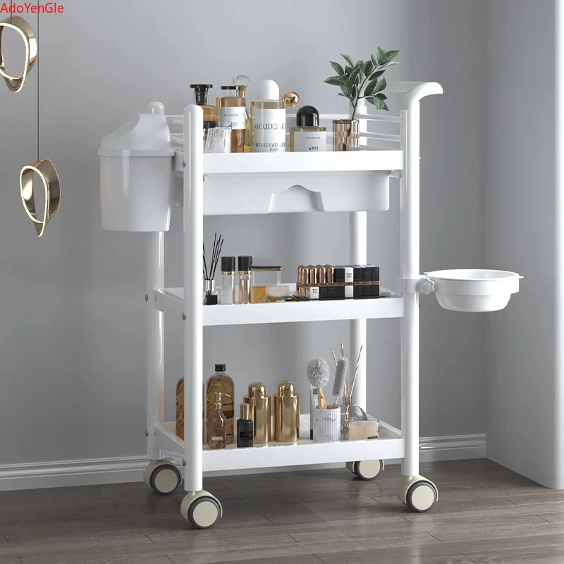 Simple Wrought Iron Salon Trolleys Multi-layer Rack Modern Salon Furniture Beauty Creative Household Trolley Wheels multi layer storage trolley