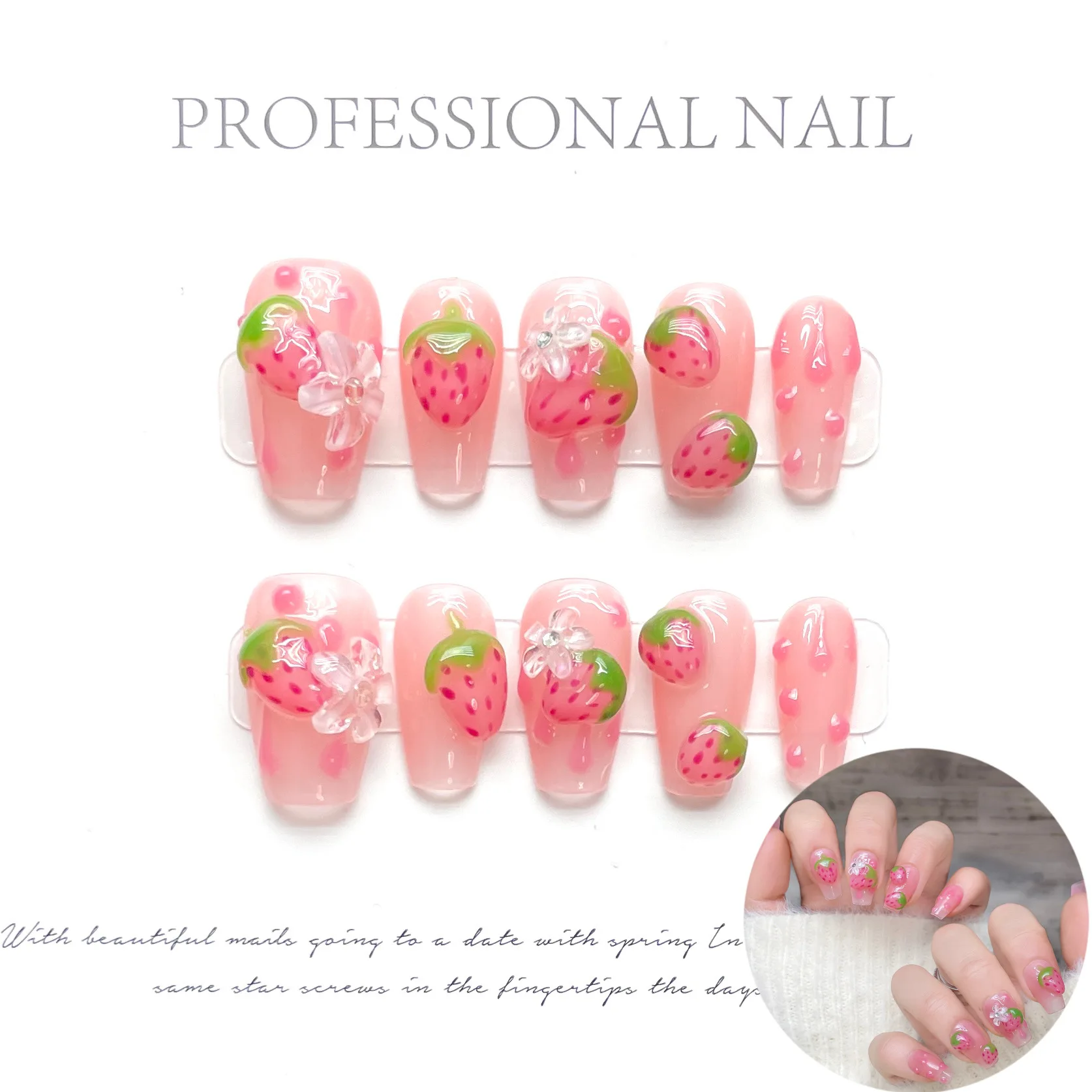 

10pcs Handmade Fake Nails 3D Pink Strawberry Design False Nails for Women Manicure Nail Decoration Korean Sweet Press on Nails