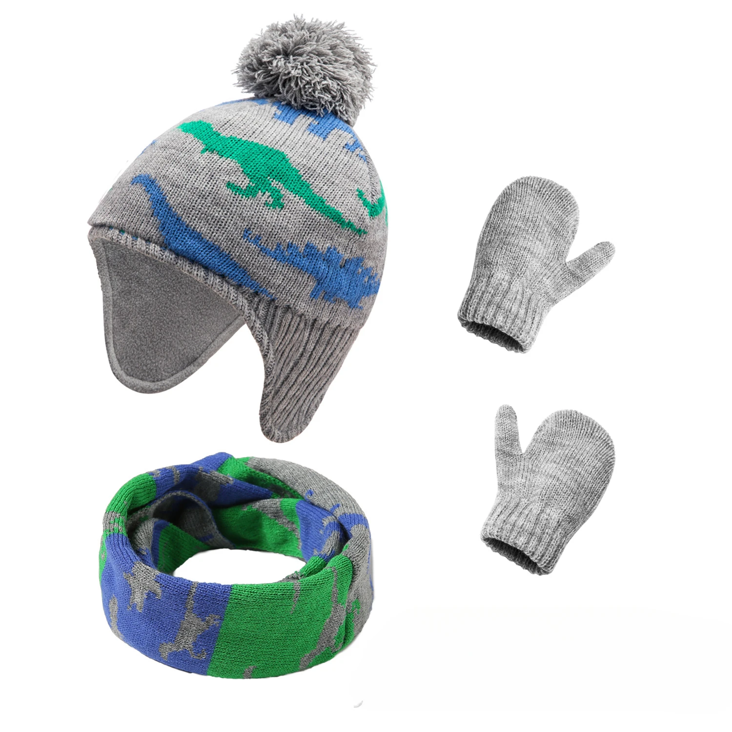 Popular Autumn and Winter Cartoon Cute Dinosaur Hat Bag Cover Children's Knitted Hat Gloves Scarf 3-piece Set