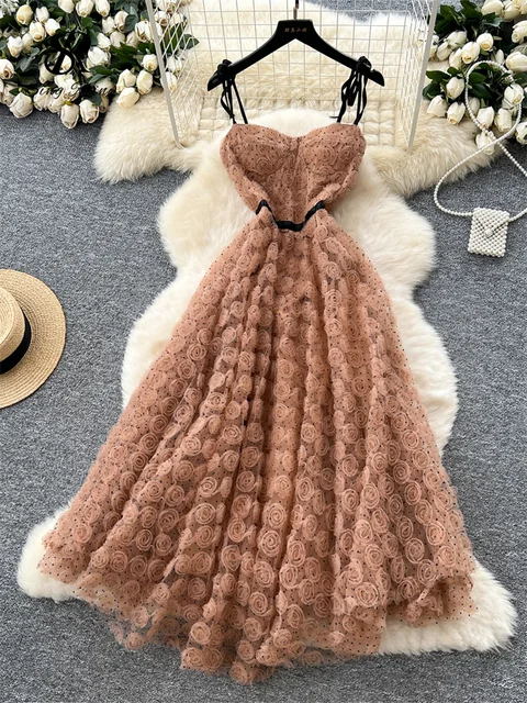 SINGREINY 3D Roses Mesh Straps Dress Polka Dots Backless Zipper Irregular Sundress Women French Senior Chic Evening Long Dress 1