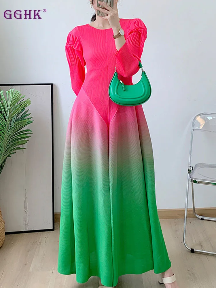 

GGHK Miyake High Quality Fashionable and Elegant Dresses New Round Neck Full Sleeves Splicing Ruffles Evening Party Dresses