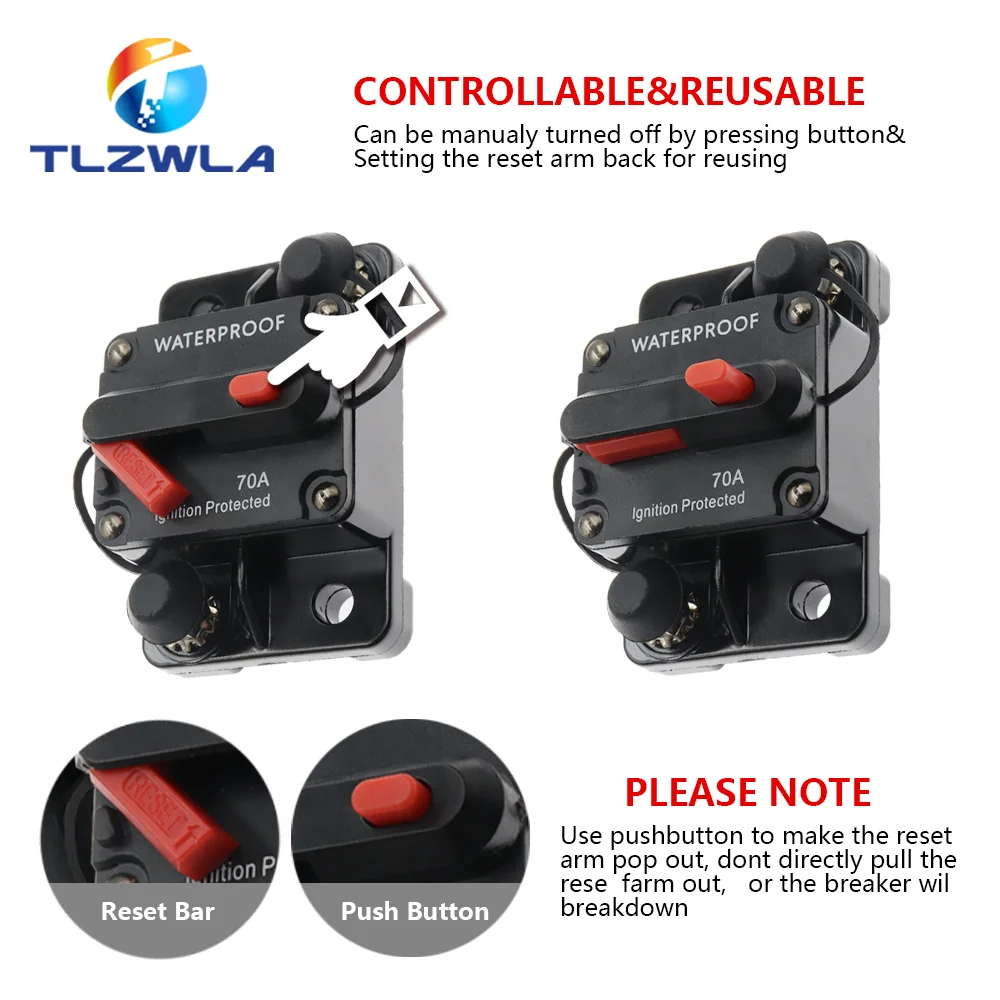 Waterproof Automotive and Marine DC Circuit Breaker Fuse Reset, 12-48V, 30A-300A Capacity