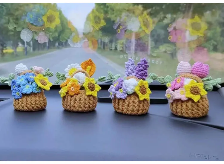 Hand-Knitted Basket Of Flowers Potted Artificial Plants Bonsai Original Gifts For Cute Room Home Table Decorations Car Ornaments
