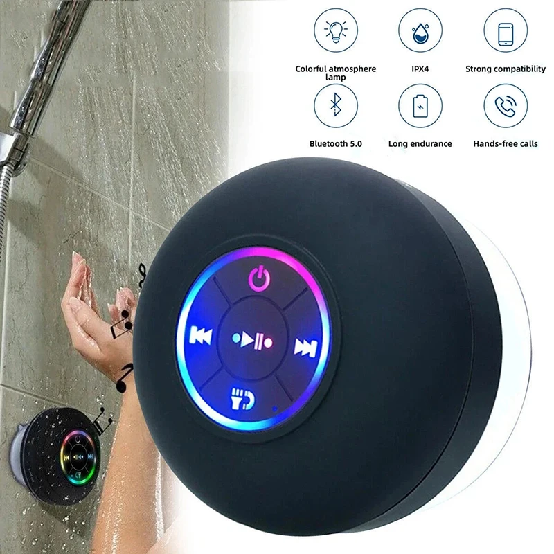 블루투스 스피커 휴대용 무선 미니 LED 스피커(마이크 흡입 컵 포함) IPX4 방수 여행용 야외 욕실용