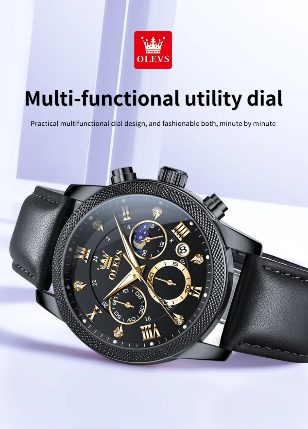 OLEVS 3660 Leather Chronograph Watch For Mens description image 6