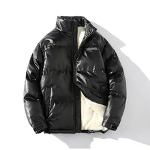  PU Leather Thicken Warm Fleece Men Winter Coat Stand Collar Oversize Parkas Korean Style Male Padded Coat Warm Jackets 
