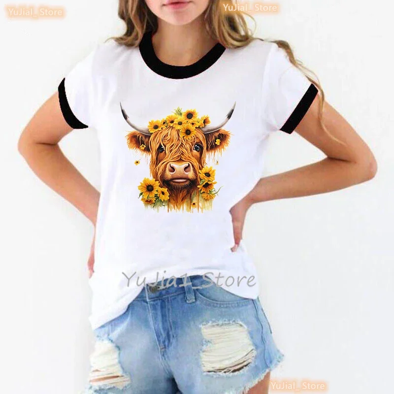 Sunflower Highland Kuh Tier Gedruckt T Shirt Frauen Harajuku Kawaii Kleidung Lustige Casual T-shirt Femme Kurzarm T-Shirt