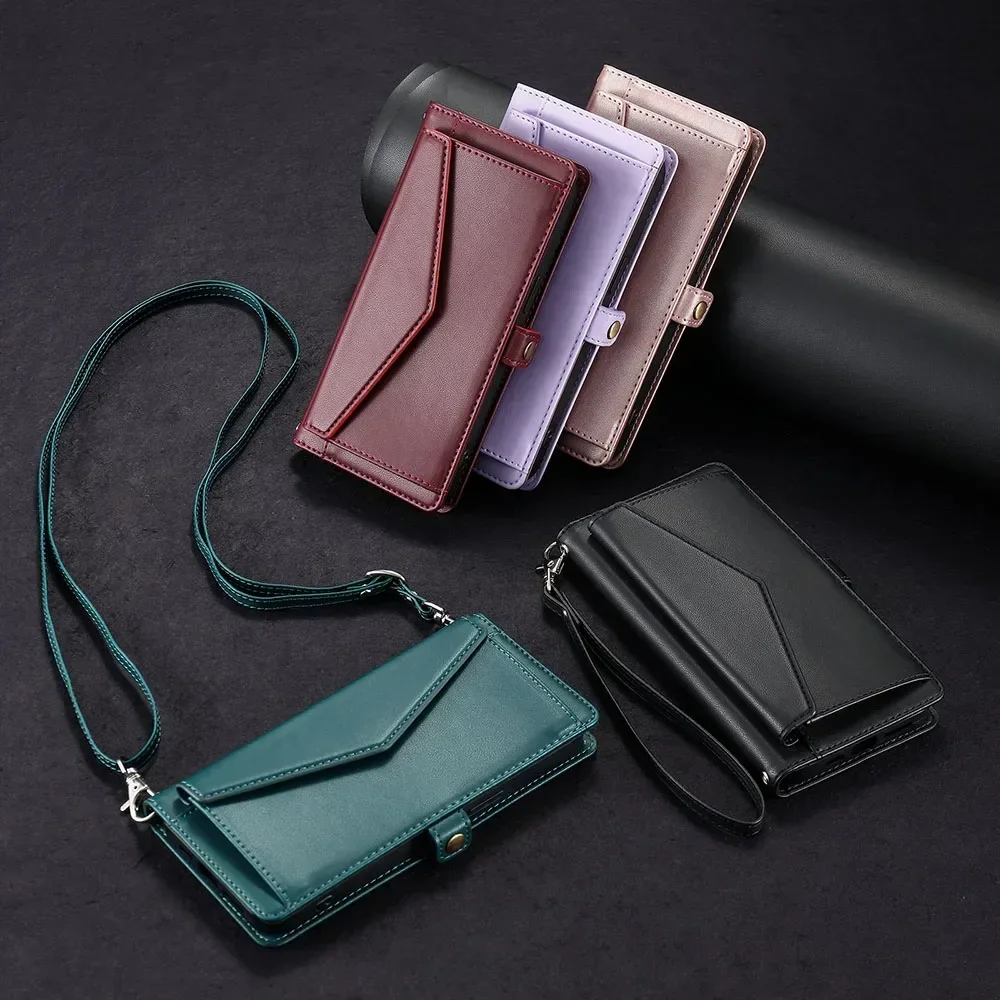 Versatile Multi Card Slots Wallet Case with Strap and Cash Pocket, Flip Cover Design