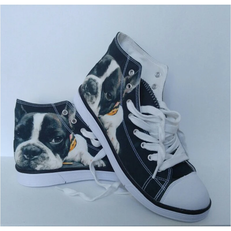 Fashion High-Top Canvas Shoes For Women Cute 3D Black French Bulldog Flat Shoes Ladies Lace-up Vulcanized Shoes