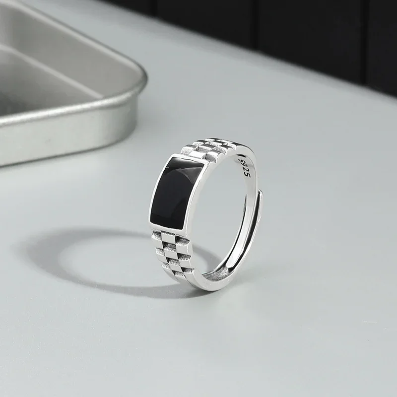 Silver Rings Silver Ring Wedding Rings Crystal Black Rectangle Ring Male Wedding Finger Accessories Classic Square Ring 925 Men Jewelry Adjustable