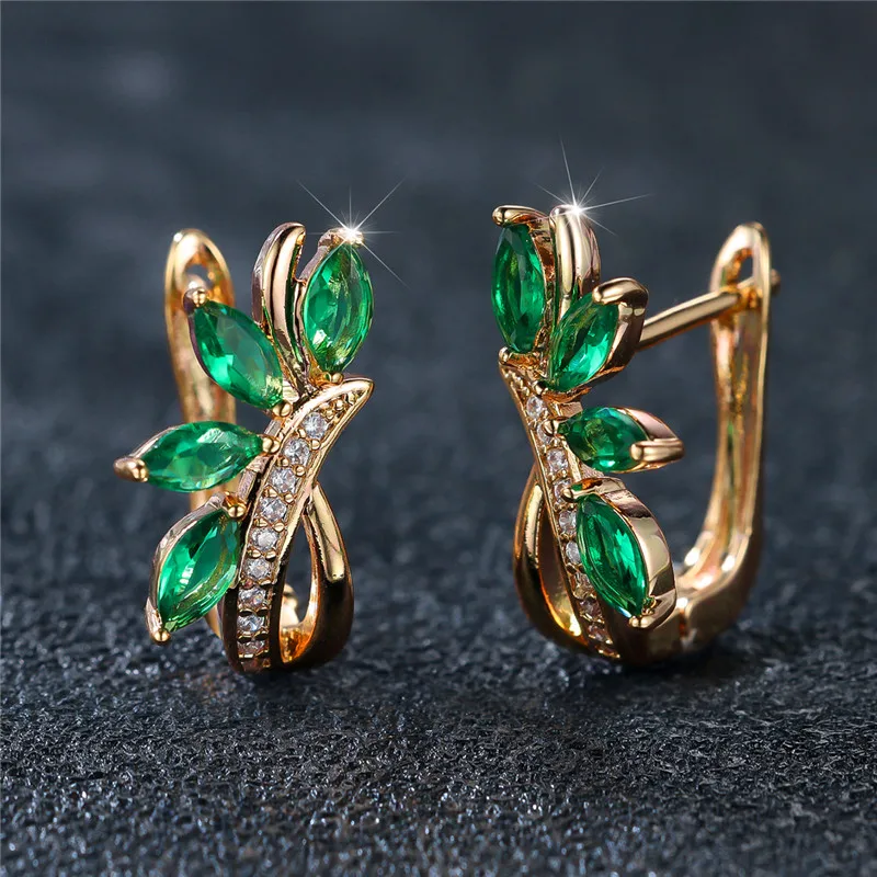 Luxury Female Purple Green Blue Leaf Flower Clip Earrings Vintage Gold Color Wedding Jewelry For Women