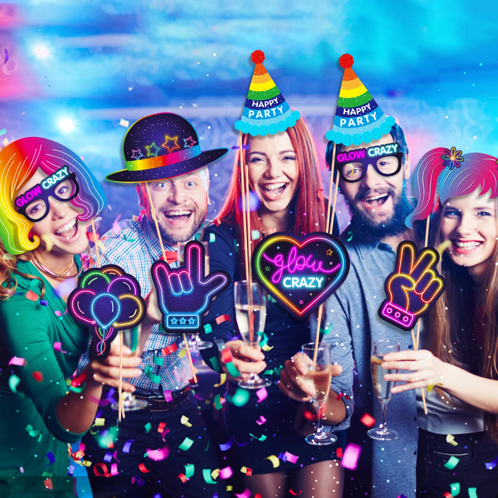 Glow Crazy Party Photo Booth Props Music Club Colorful Graffiti Birthday Party Funny Glasses Lips Hat DIY Photo Shoot Prop Decor party photo props