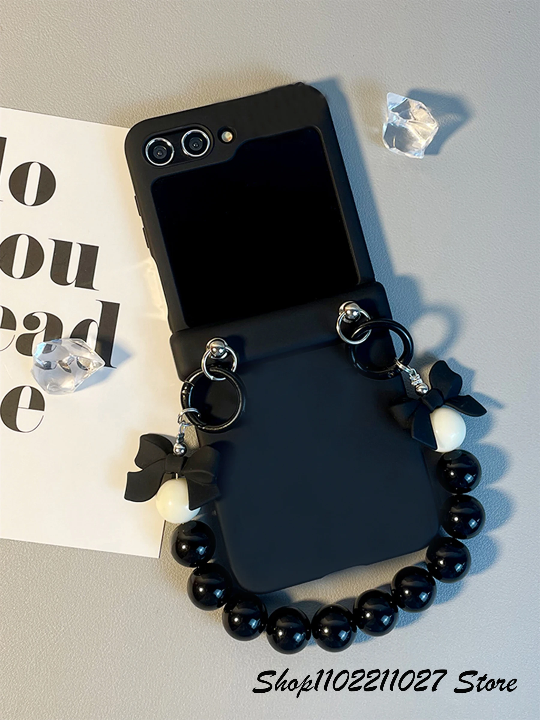 Luxury Korean 3D Bow Bead Bracelet Chain Black Phone Case - Portable Cover