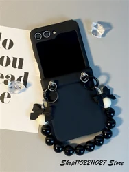 Luxury Korean 3D Bow Bead Bracelet Chain Black Phone Case - Portable Cover for Z Flip 7 (A)