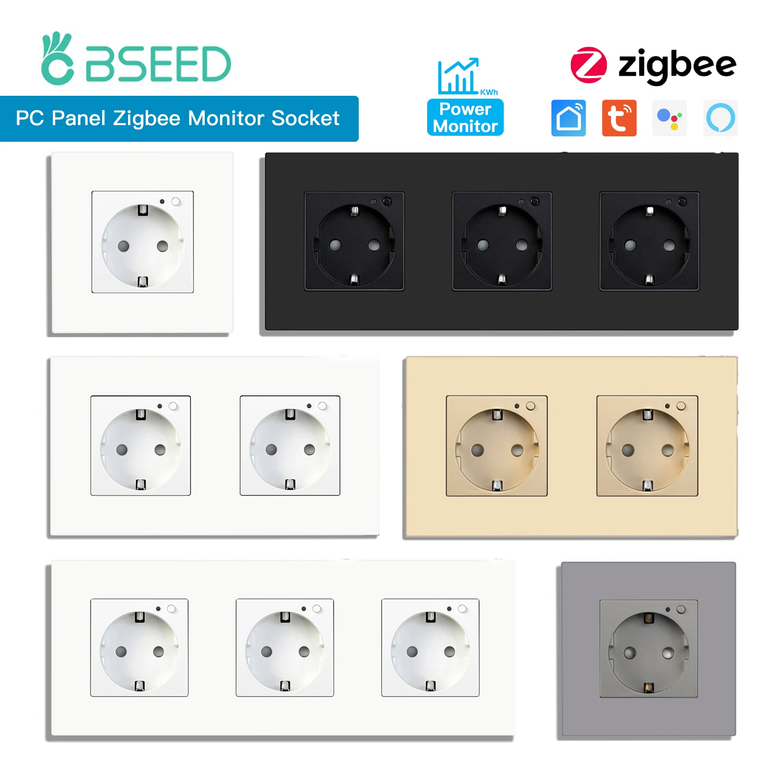 Bseed Zigbee Energy Monitor Wall Socket PC Plastic Frame Double Smart Outlets Triple Plugs Tuya Google Home Smart Life Control 1