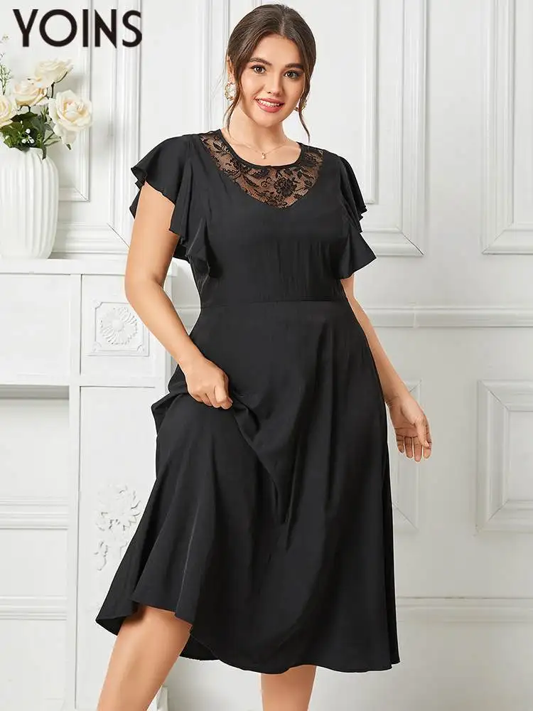 YOINS Elegant Black Midi Dress Women Short Sleeve Ruffled Shirt ...